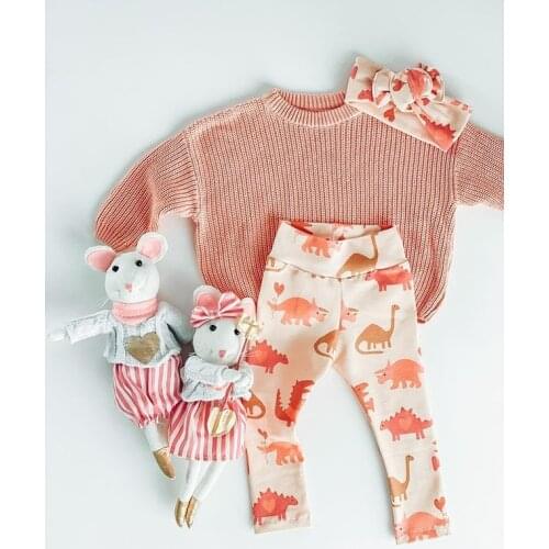 FOCUSNORM 0-3Y Infant Baby Girls Cute Clothes Sets 3pcs Solid Knit Long Sleeve Sweater Dinosaur Printed Pants Headband
