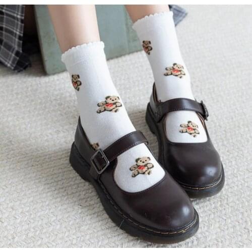 Cartoon teddy bear socks cotton bear socks college style black and white socks adult average size 6 pairs/lot