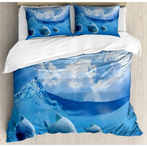 Deep Sea Duvet Cover Set Fish Under The Sea and Cloudscape 3 Piece Bedding Set Azure Blue Pale Yellow Green Dark Sky Blue Pale