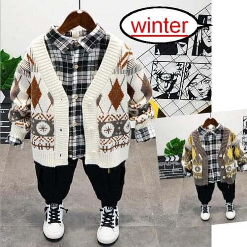 Baby Boys Suit Fall Baby Boys Girls Clothing Sets Winter Knit Cardigan +Sweater+ Plush Pants Infant Children Tracksuits