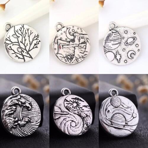 LIKGREAT Vintage Silver Color Charms for Jewelry Making Tree Universe Star Moon Ocean Wave Surf Round Pendant DIY Necklace