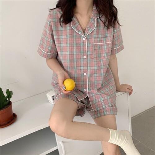 Summer Plaid Pajama Set Women Home Suit Short Sleeve Shirts Shorts 2 Piece Set Homewear Casual Womens Set Casual Sleepwear