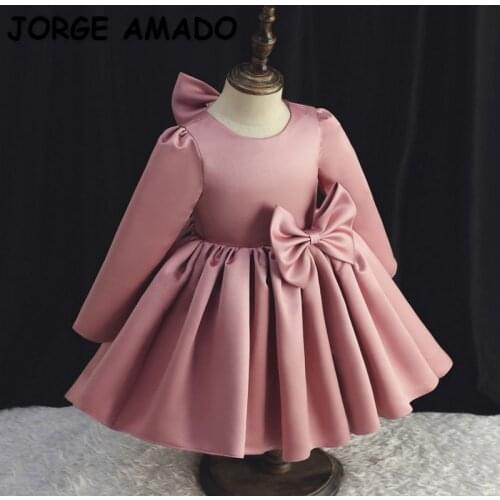 2021 New Autumn Kids Girls Party Dresses Pink White Bow Thin Princess Dresses for Flower Wedding Piano Perform Birthday E117