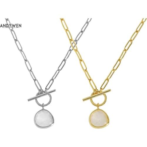 ANDYWEN 925 Sterling Silver Milk White Ctystal Triangle Zircon Pave Pendant Long Chain CZ Zircon Women Wedding Jewelry Gift