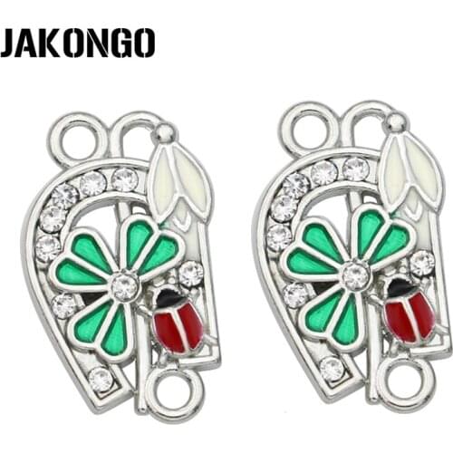 JAKONGO Silver Plated Colorful Crystal Horseshoe Clover Connectors for Jewelry Making Bracelet Accessories DIY Craft 20x13mm