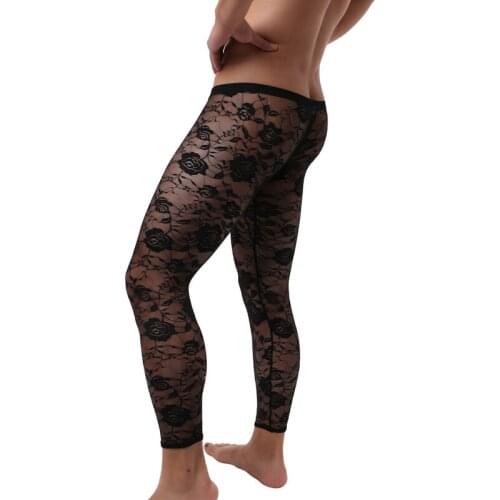 See Through Men Long Pants Lace Printd Sexy Underwear Men Tight Leggings Long Johns Fitness Trousers Sleep Bottoms Pajama Pants