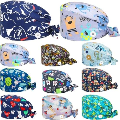 Pure Cotton Nurse Hat Unisex Fashion Printing Bandage Sanitary Nursing Hats Sweatband Beauty Salon Dentist Worker Surgicals Caps