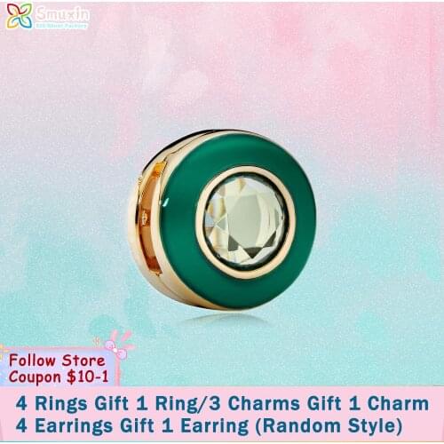 Smuxin 925 Sterling Silver Bead Green Circle Clip Charm fit Original Pandora Bracelets for Women Jewelry Making Girl Gift