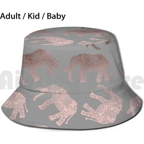 Stylish Boho Rose Gold Elephant Pattern Bucket Hat Adult kid baby Beach Sun Hats Elephant Animal Animals Elephants Floral