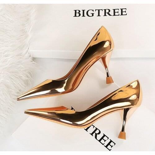 BIGTREE Shoes Women Heels Patent Leather Stiletto Woman Pumps 7.5cm Sexy High Heel Ladies Pointed Party Wedding Bridal Shoes