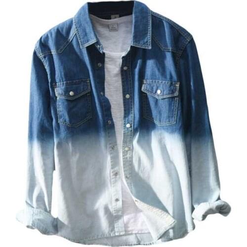 Spring Summer Retro Long Sleeve Casual Shirt Gradient Color Men Slim Denim Shirt Cotton Jeans Blouses Korean Male Clothes