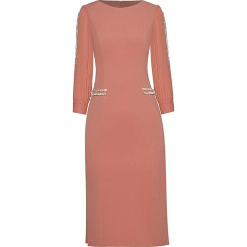 QUALITY Newest HIGH Fashion 2021 O-Neck Nine Sleeve Diamond inlay Beaded Hip Split Dress