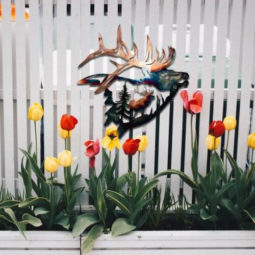 Iron Deer Sculptures Lifelike Animal Mural Metal Antler Faux Deer Skull Ornaments Wall Hanging Decoration Outdoor Indoor Pendant