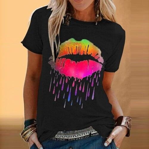 40#Colorful Lip Print T-Shirts Sexy Harajuku Women Casual Short Sleeve O-Neck T-Shirt Summer Plus Size Elegant Tops футболки