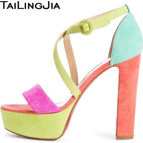 2020 Stylish Platform Chunky Heel Sandals for Women Mixed Colors Faux Suede Ladies Party Evevning Dress Big Size Summer Shoe New