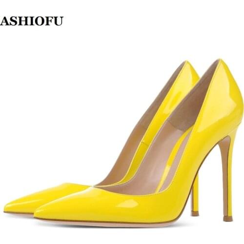 ASHIOFU Wholesale Handmade Womens High Heel Pumps Shinny Bright Faux-leather Dress Party Shoes Slip-on Evening Fashion Pumps