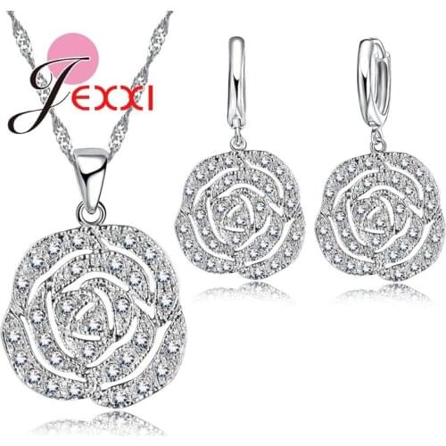 New Arrival Classic Rose White Women Jewelry Sets 925 Sterling Silver Pendant Earrings And Necklace Jewelry Sets High Quality