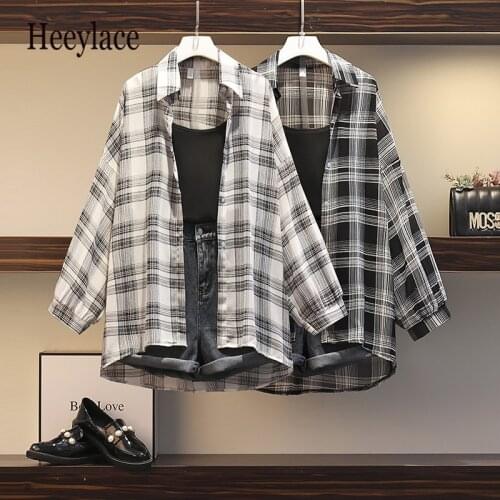Plus size Summer korean 3 Piece Set Women long sleeve Plaid Long Sunscreen Shirt + Knitted Vest +Denim Short Sets for women suit