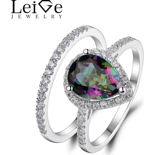 Leige Jewelry Mystic Rainbow Ring Natural Gemstone Pear Cut 925 Silver Wedding Promise Rings Set for Women Anniversary Gift