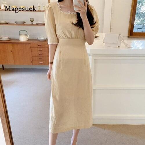 Summer Dress Square Neck Lace Dress for Women Plus Size Chic French Cotton Casual Elegant Bubble Sleeve Dress Vestidos 13957