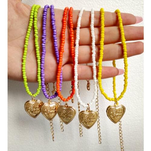 Bohemian Colorful Gold Big Heart Pendant Beaded Necklace For Women Acrylic Rice Bead Strand Choker Collar Charm Necklaces 2021