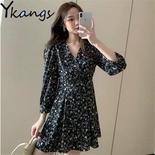 Black Printing Korean Style Vestidos Long Sleeve V-Neck Fashion Women Clothing Summer Chiffon Comfortable Elegant Lined Dresses