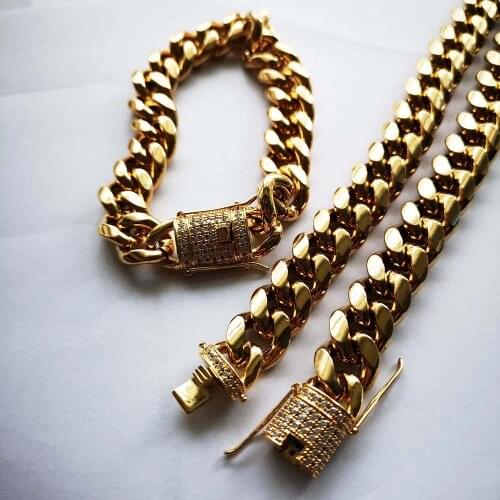 12mm Stainless Steel Luxury CZ Miami Cuban Chain Male Jewelery set Hip Hop Men Curb Rhinestone Clasp Link Necklace Bracelets