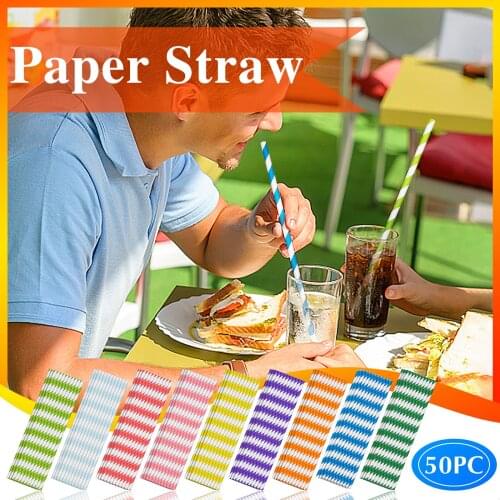 50PCS Biodegradable Stripes Paper Straws Pink Blue Yellow Stripes Drinking Straws Wedding Birthday Party Decoration
