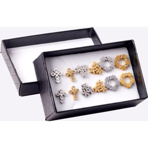 6Pair/Box 316L Stainless Steel Small Ear Studs Cubic Zirconia Mixed Color Cross/Flower/Round Earrings Set Jewelry Wholesale