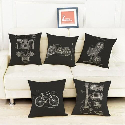 Black Vintage Motorcycle Guitar Bicycle Camera Vitascope Structure Linen Throw Pillow Cases Home Sofa Decoration Cushion Cover