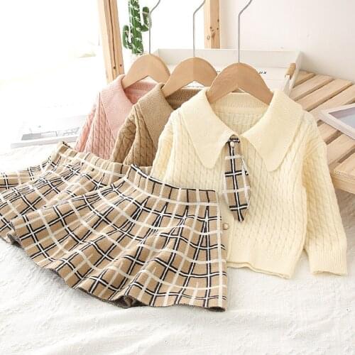 Baby outfit Girls Dress Winter Check tie College style Dress Long Sleeve Girls Clothes Top Coat+Tutu Dress Sweater Knitwear 2pcs