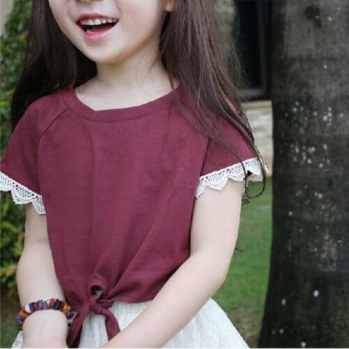 Girls Lace Sleeve Tether Waist Jumper Childrens Clothing Wholesale Summer Cotton Red T-shirt Baby Girls Short Sleeve
