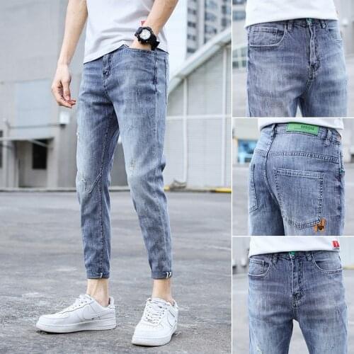 Denim jeans mens summer brand stretch Korean style trend youth casual light-colored feet teenagers pencil pants men
