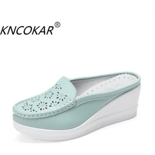 KNCOKAR 2018 Summer new style of womens fashion simple real leather outside wear thick bottom slope and baotou hollow slippers