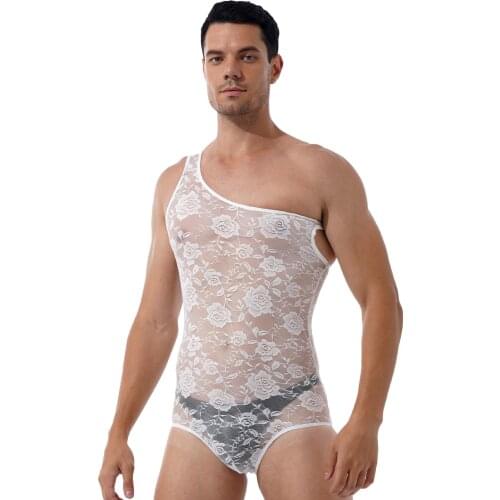 Men Skinny See-through Lace Lingerie Bodysuit Flower Pattern Sleeveless Leotard Jumpsuits Sissy Nightwear Clubwear for Nightclub