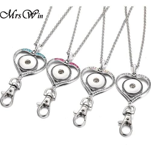 New Snap Jewelry Snap Button Key Chain Crystal Love Heart 18mm Snap Keyring Lanyard DIY Button Keychains Pendant Necklace