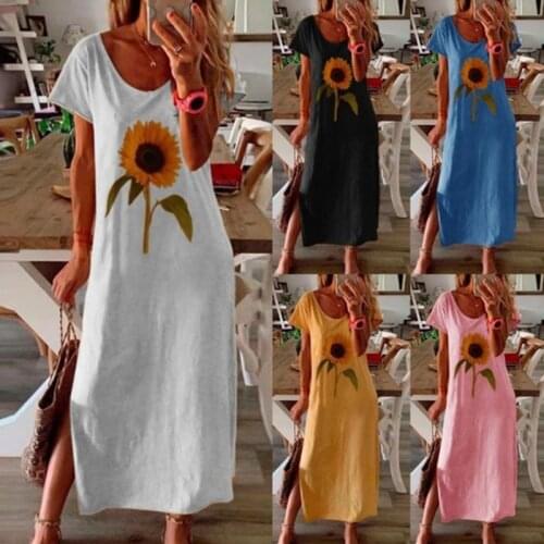 New 2021 Flower Print Long Women Dress Fashion Short Sleeve O-Neck Summer Dress Plus Size Loose Maxi Vestidos Casual Robe Femme