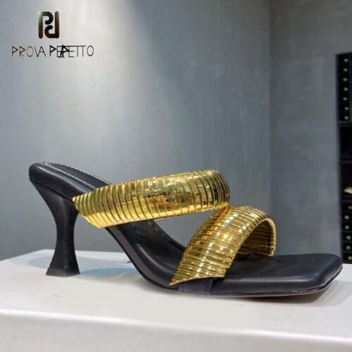 2021 summer new style square toe open toe metal ring French high-heeled fashion sandals gold chain sandals and slippers women
