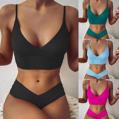Sexy solid Women Swimsuit Front Cross Two-piece Sexy Front Cross Spaghetti Strap Bikini Set for Beach female Sport bathing suit