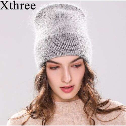 Xthree new womens hat winter knitted hat Angola Rabbit fur beanie Bonnet girl 's hat fall female cap keep warm fashion cap