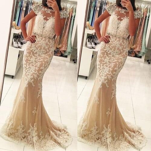 SuperKimJo Abiti Da Cerimonia Champagne Evening Dresses Long with Cap Sleeve Lace Applique Beaded Mermaid Modest Evening Gown