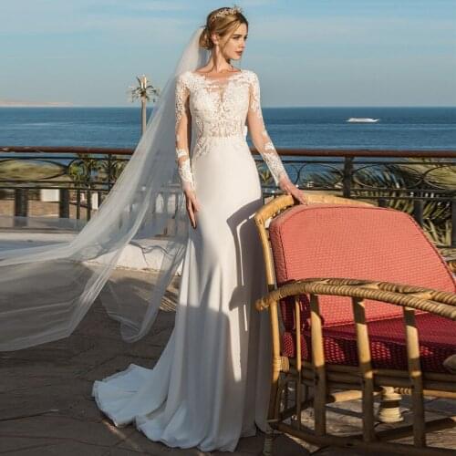 Eightale Mermaid Wedding Dress Long Sleeves Appliques Lace Wedding Gowns Backless Elastic Chiffon Bride Dresses vestido de noiva