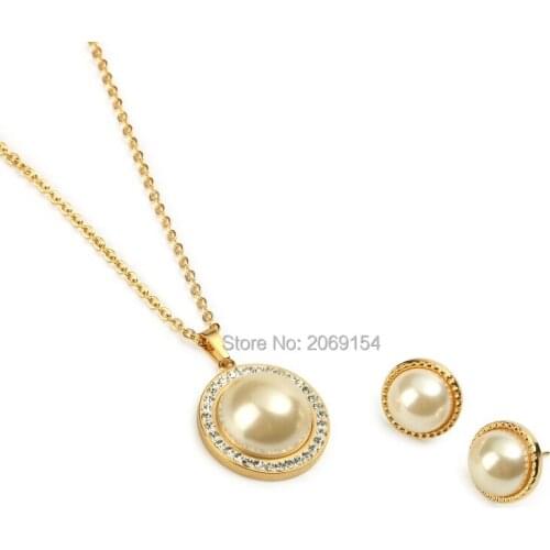 Bridal Jewelry Set Pearl Charm Choker Necklace Earring Stainless Steel Classic Gold Pendant Crystal Luxury For Wedding