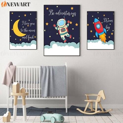 Baby Nursery Decoration Baby Kids Bedroom Decor Wall Painting Cartoon Astronaut Space Rocket Picture for Boy Girl Room