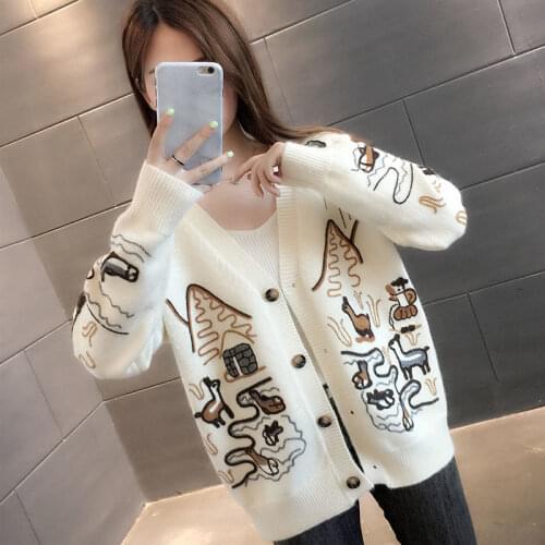 Oversized Cardigan Women Pull Sweater Long Sleeve Knitted Outwear Embroidery Jumpe Korean Fashion Gilet Femme All-match Crop Top