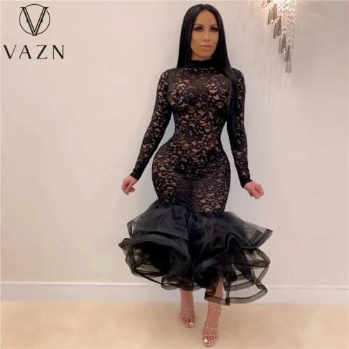 VAZN 2021 Spring Black Sexy Club Mermaid Dress Elegant Turtleneck Full Sleeve Lace Open High Waist Women Midi Dress