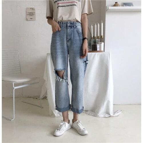 Vintage High Waist Straight Jeans Pant for Women Tassel Hole