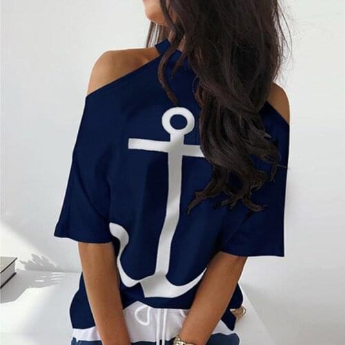 Summer Polyester Womens T-Shirt Round Collar Middle Sleeve Pullover Print White Navy Blue Loose Fashion Streetwear T-Shirt