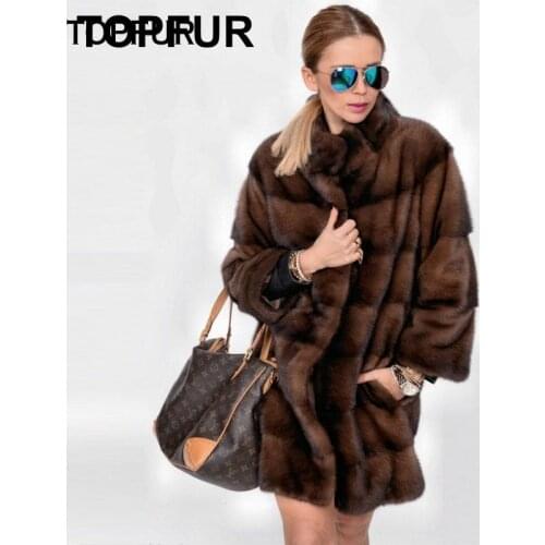 TOPFUR Real Fur Coat Women Winter Brown Jacket With Collar Real Mink Fur Coat With Collar Genuine Leather Jacket Women Plus Size