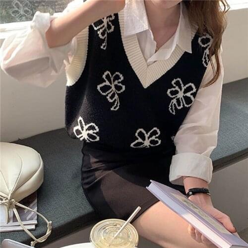 Ladies Girls Sweater Vest Fall Spring Pullovers Floral Pattern Contrast Color Sleeveless V Neck Loose Knitted Tops Outwear Women